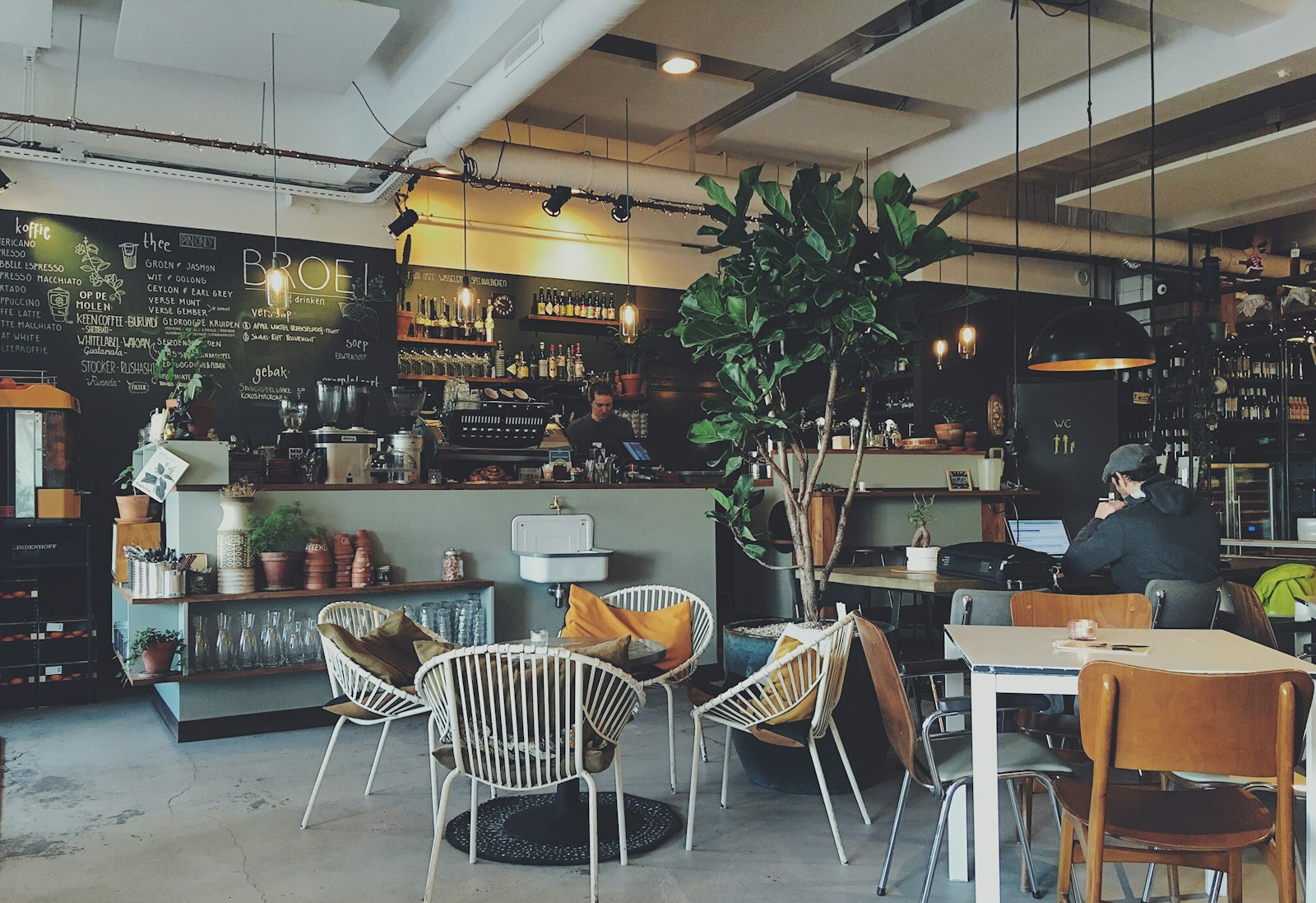グリーンと木の家具に囲まれたカフェの店内